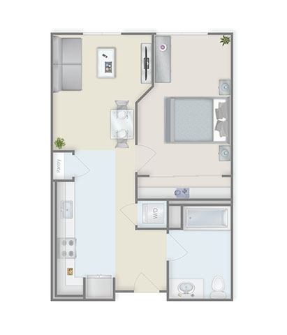 Floor plan for 1 bed, 1 bath, 637 sqft