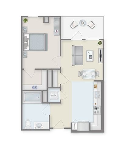 Floor plan for 1 bed, 1 bath, 654 sqft