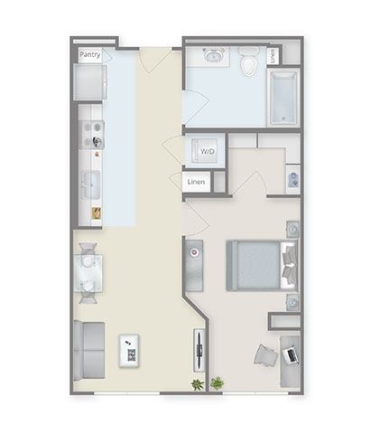Floor plan for 1 bed, 1 bath, 658 sqft