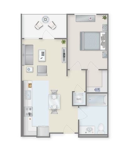 Floor plan for 1 bed, 1 bath, 653 sqft