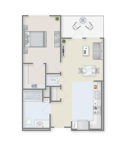 Floor plan for 1 bed, 1 bath, 656 sqft