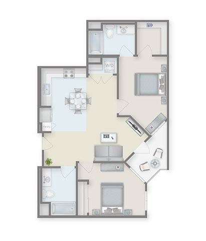 Floor plan for 2 beds, 2 baths, 969 sqft
