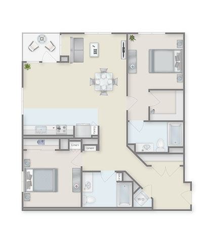 Floor plan for 2 beds, 2 baths, 1295 sqft