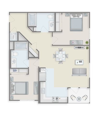 Floor plan for 2 beds, 2 baths, 1064 sqft