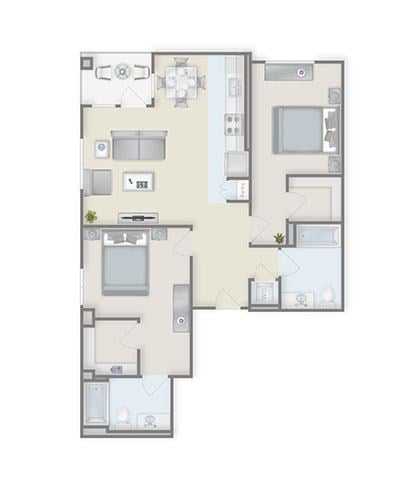 Floor plan for 2 beds, 2 baths, 1091 sqft