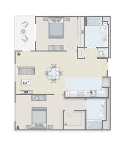 Floor plan for 2 beds, 2 baths, 1144 sqft