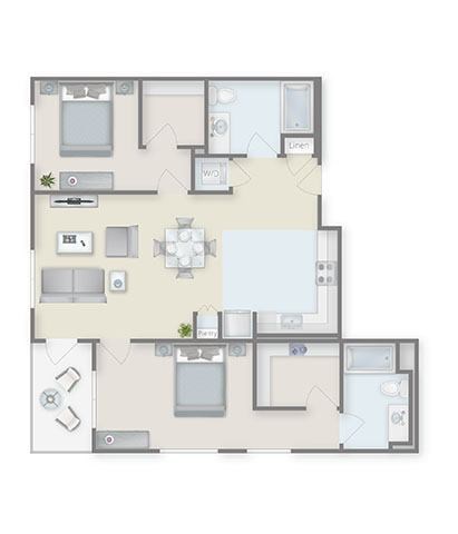 Floor plan for 2 beds, 2 baths, 1153 sqft