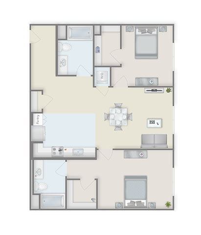 Floor plan for 2 beds, 2 baths, 1169 sqft