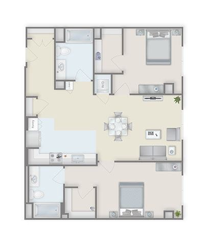 Floor plan for 2 beds, 2 baths, 1199 sqft