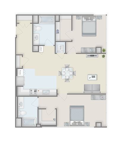 Floor plan for 2 beds, 2 baths, 1217 sqft