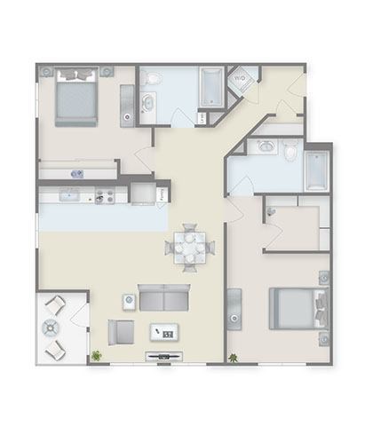 Floor plan for 2 beds, 2 baths, 1295 sqft