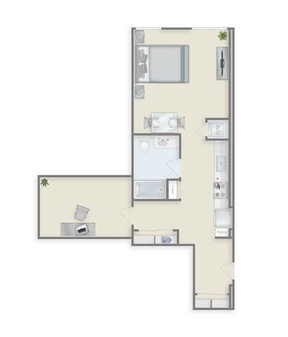 Floor plan for studio, 1 bath, 898 sqft