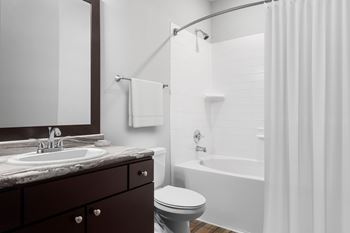 Bathroom with white tub and dark vanity