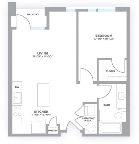 Floor plan for 1 bed, 1 bath, 687 sqft