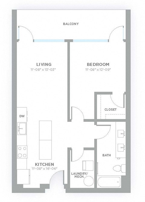 Floor plan for 1 bed, 1 bath, 756 sqft