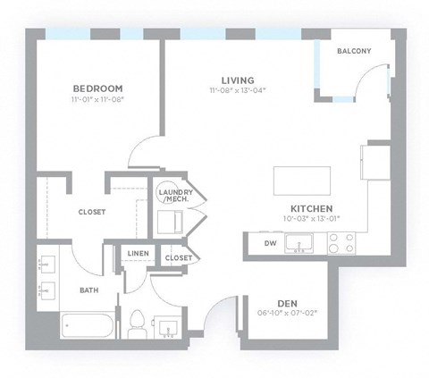 Floor plan for 1 bed, 1 bath, 826 sqft