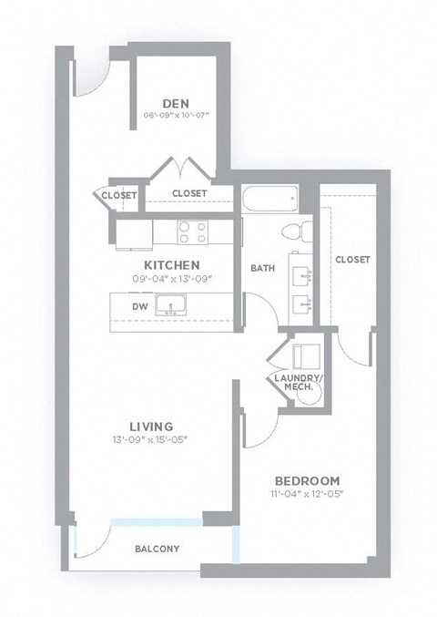 Floor plan for 1 bed, 1 bath, 932 sqft