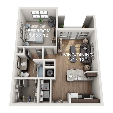 Floor plan for 1 bed, 1 bath, 661 sqft