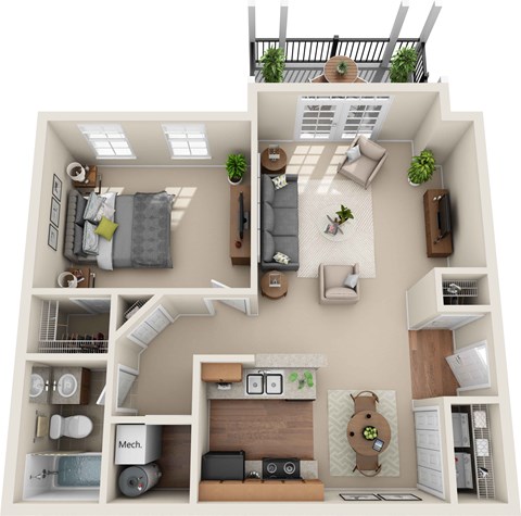 Floor plan for 1 bed, 1 bath, 659 sqft