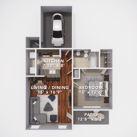 Floor plan for 1 bed, 1 bath, 822 sqft
