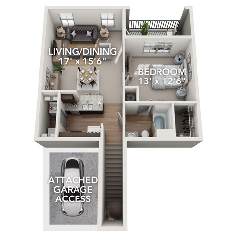 Floor plan for 1 bed, 1 bath, 667 sqft