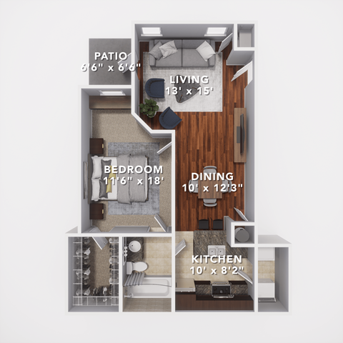 Floor plan for 1 bed, 1 bath, 820 sqft