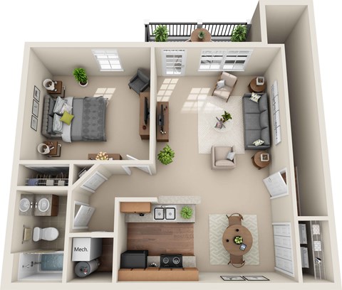 Floor plan for 1 bed, 1 bath, 767 sqft