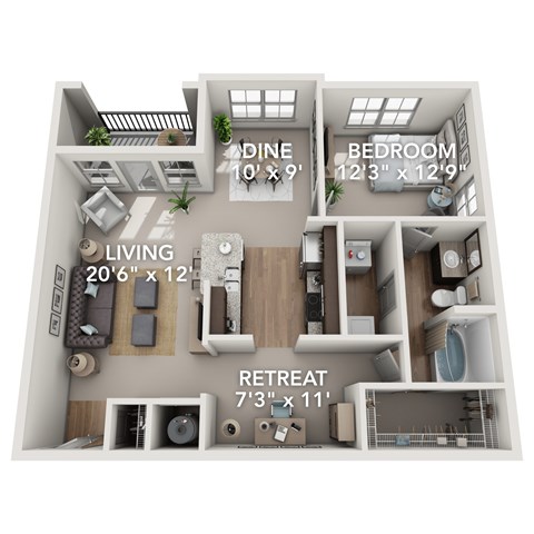 Floor plan for 1 bed, 1 bath, 984 sqft