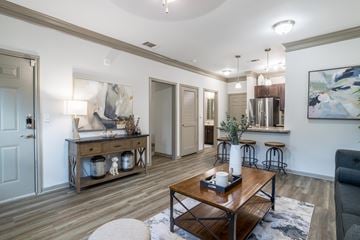 League City apartment for rent - A modern living room with a wooden coffee table and a grey sofa.