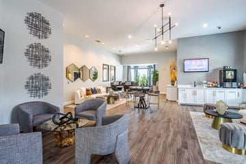Pearland apartment for rent - A modern living room with grey chairs and a white sofa.