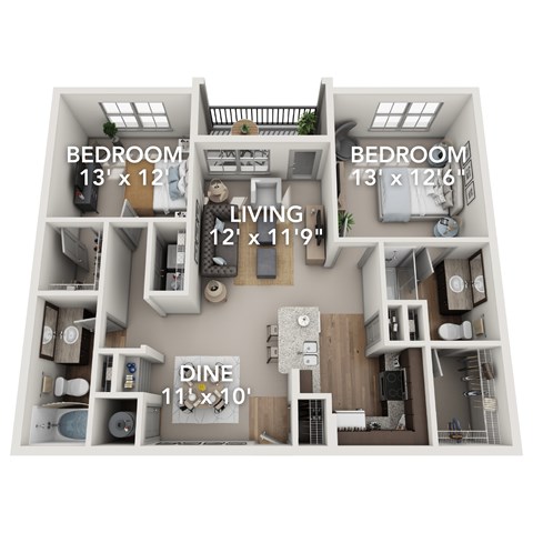 Floor plan for 2 beds, 2 baths, 1097 sqft