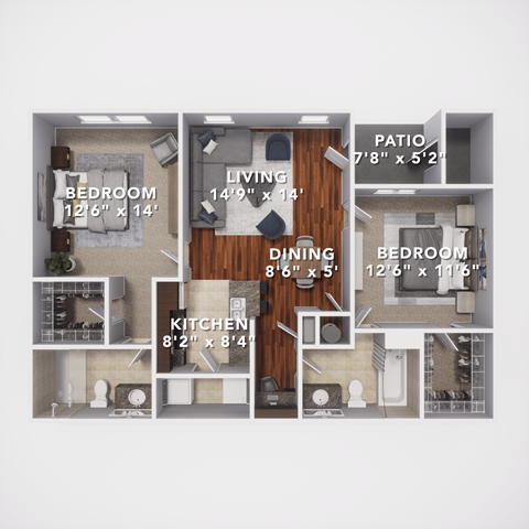 Floor plan for 2 beds, 2 baths, 1118 sqft