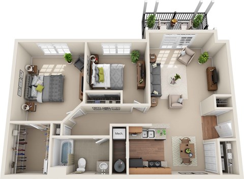 Floor plan for 2 beds, 1 bath, 904 sqft