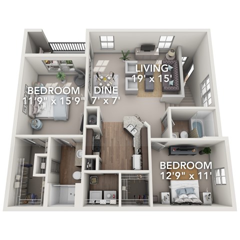 Floor plan for 2 beds, 2 baths, 1154 sqft