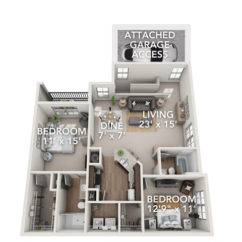 Floor plan for 2 beds, 2 baths, 1249 sqft