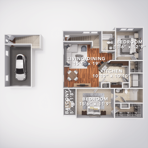 Floor plan for 2 beds, 2 baths, 1148 sqft