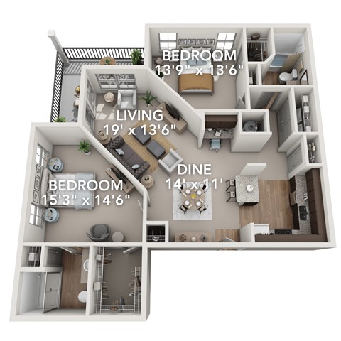 Floor plan for 2 beds, 2 baths, 1279 sqft