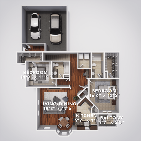 Floor plan for 2 beds, 2 baths, 1377 sqft