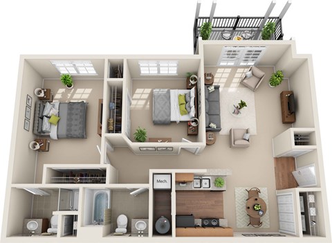 Floor plan for 2 beds, 2 baths, 904 sqft