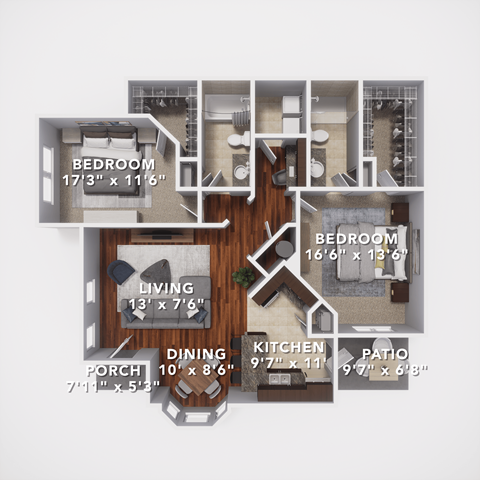 Floor plan for 2 beds, 2 baths, 1377 sqft