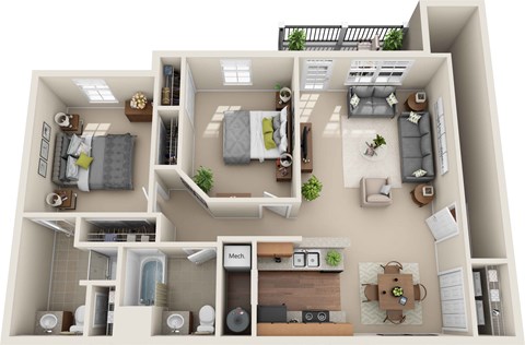 Floor plan for 2 beds, 2 baths, 997 sqft