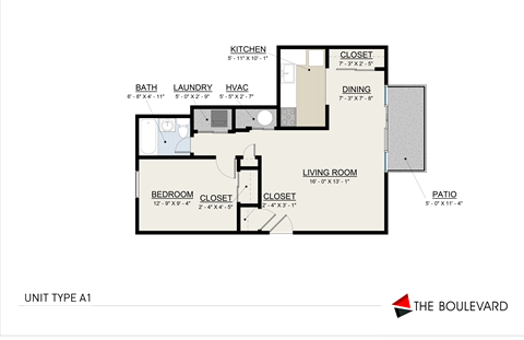 Floor plan for 1 bed, 1 bath, 700 sqft