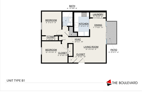 Floor plan for 2 beds, 1 bath, 900 sqft