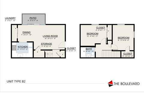 Floor plan for 2 beds, 1 bath, 920 sqft