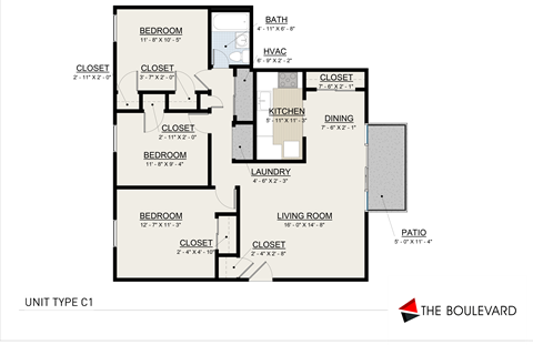 Floor plan for 3 beds, 1 bath, 1100 sqft