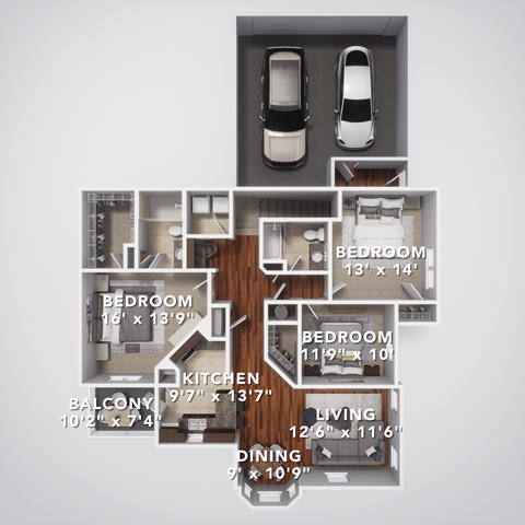 Floor plan for 3 beds, 2 baths, 1508 sqft