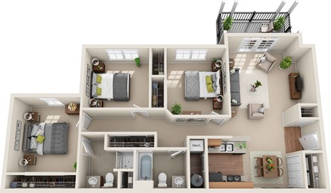 Floor plan for 3 beds, 2 baths, 1063 sqft