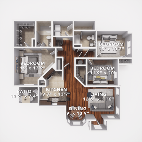 Floor plan for 3 beds, 2 baths, 1508 sqft