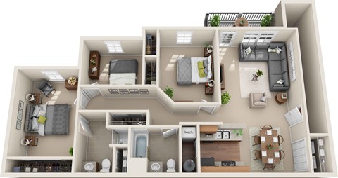 Floor plan for 3 beds, 2 baths, 1190 sqft