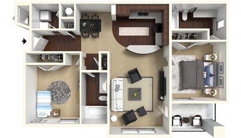 Floor plan for 2 beds, 2 baths, 969 sqft